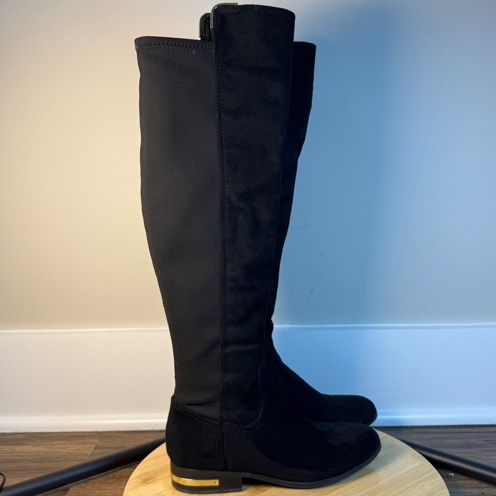 Marc Fisher Knee High Boots Women 6M Black Good Gold Detail Faux Suede Stretch